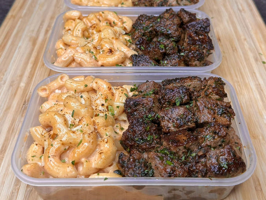 Garlic Steak Bites and Baked Mac and Cheese